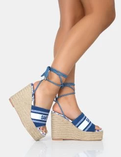 Take Off Navy Embroidered Santorini Lace Up Raffia Square Toe Wedge Heels -Chic Footwear Shop 771A2605