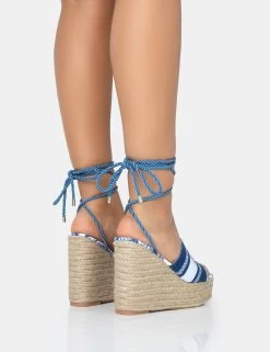 Take Off Navy Embroidered Santorini Lace Up Raffia Square Toe Wedge Heels -Chic Footwear Shop 771A2606