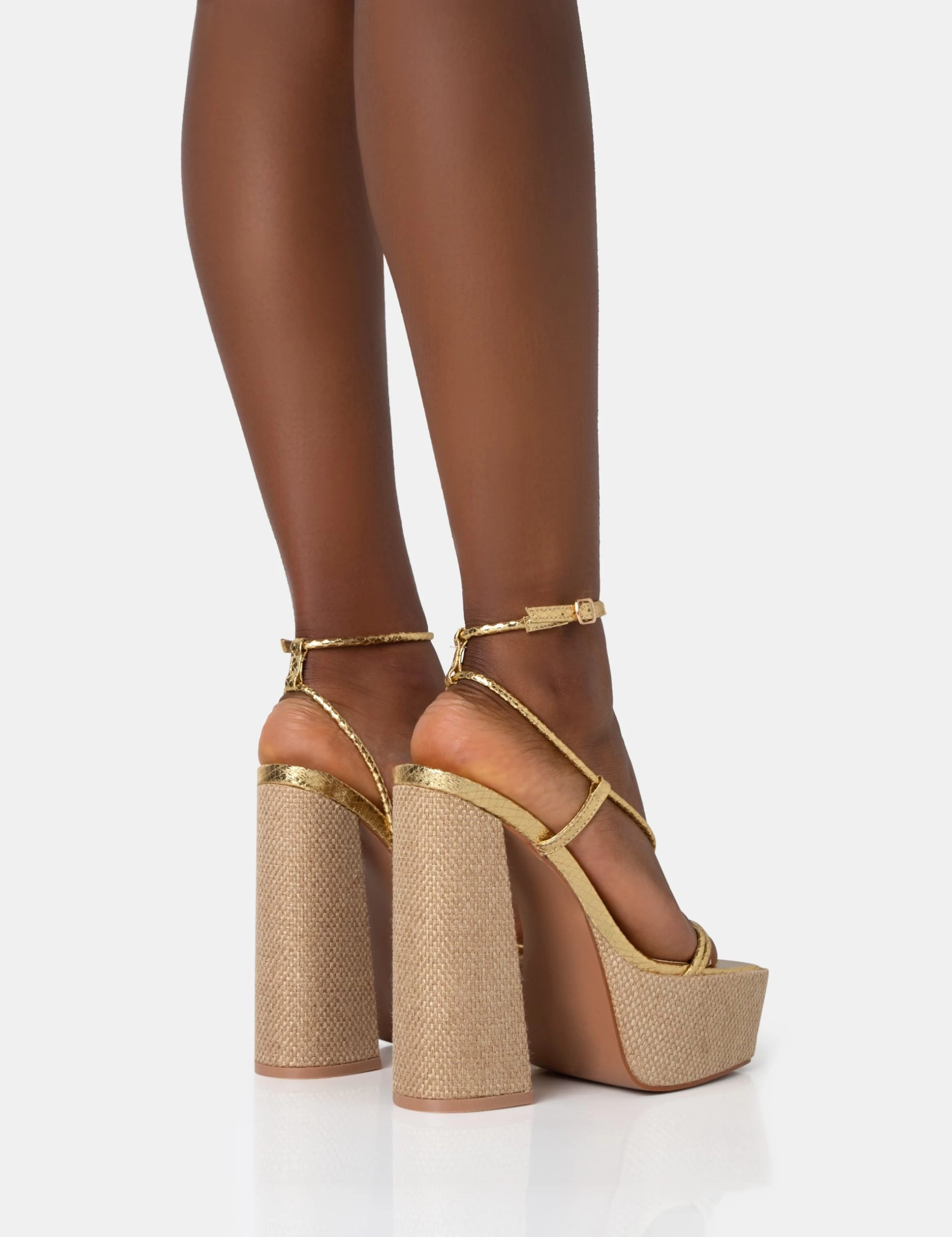 Blissful Gold Asymmetric Strappy Square Toe Raffia Platform Block Heels 6 Blissful Gold Asymmetric Strappy Square Toe Raffia Platform Block Heels - Image 4