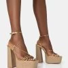 Blissful Gold Asymmetric Strappy Square Toe Raffia Platform Block Heels