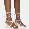 Mabel White Pu Ankle Tie Mid Block Heeled Sandals