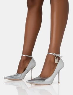 Lotty Metallic Silver Padlock Ankle Detail Pointed Court Stiletto Heels 8 Lotty Metallic Silver Padlock Ankle Detail Pointed Court Stiletto Heels -Chic Footwear Shop 771A2837