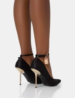 Lotty Black Satin Padlock Ankle Detail Pointed Court Stiletto Heels -Chic Footwear Shop 771A2844