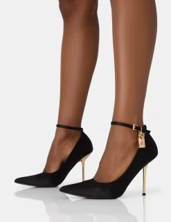 Lotty Black Satin Padlock Ankle Detail Pointed Court Stiletto Heels -Chic Footwear Shop 771A2845