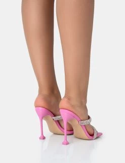 Regina Hot Pink Sparkly Diamante Stiletto Square Toe High Heels -Chic Footwear Shop 771A3400