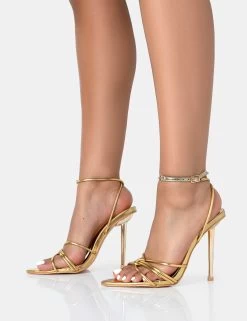 Risque Gold PU Strappy Pointed Toe Gold Stiletto Heels 8 Risque Gold PU Strappy Pointed Toe Gold Stiletto Heels -Chic Footwear Shop 771A3402
