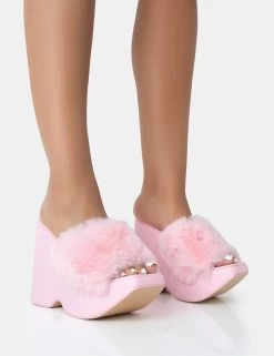 Cutie Pink Faux Fur Platform Wedge Heels