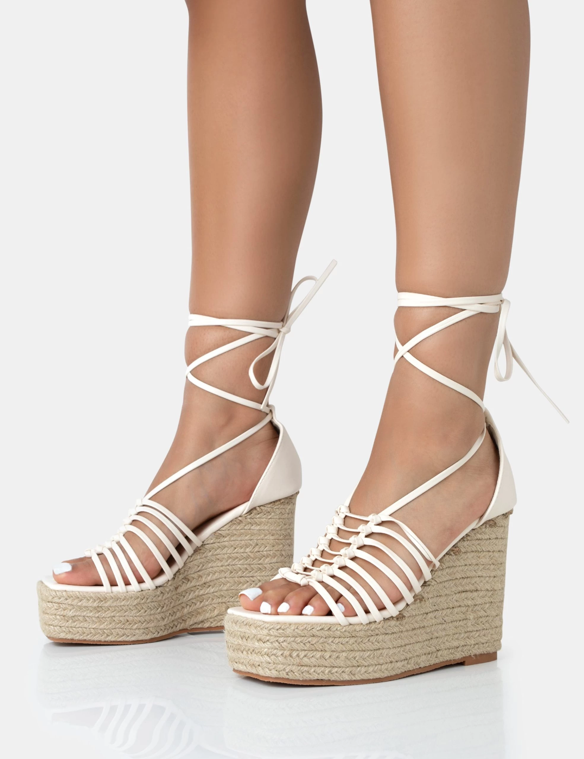 Reece Wide Fit Ecru Pu Knot Strap Lace Up Raffia Wedge Heels 5 Reece Wide Fit Ecru Pu Knot Strap Lace Up Raffia Wedge Heels - Image 3