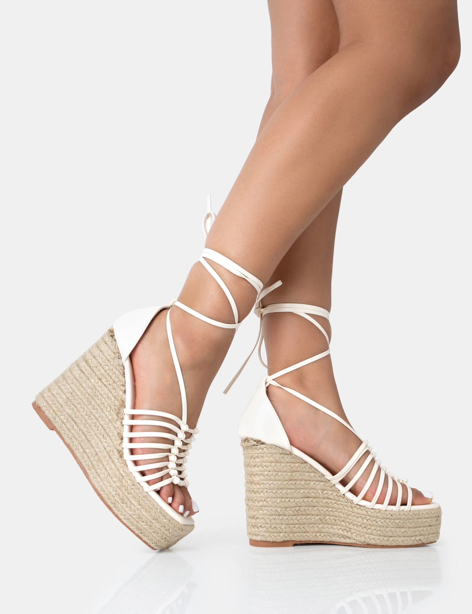 Reece Wide Fit Ecru Pu Knot Strap Lace Up Raffia Wedge Heels 4 Reece Wide Fit Ecru Pu Knot Strap Lace Up Raffia Wedge Heels - Image 2