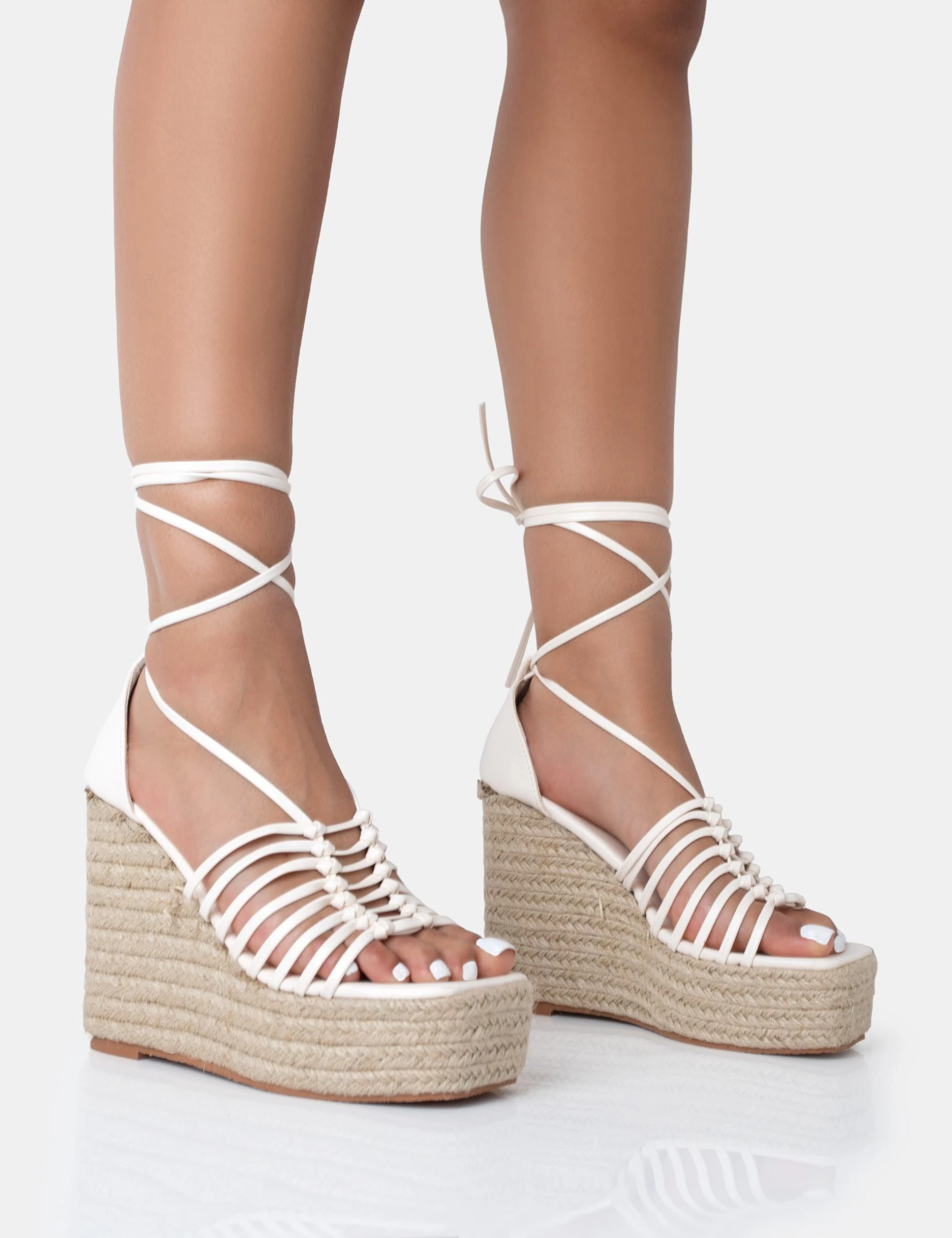 Reece Wide Fit Ecru Pu Knot Strap Lace Up Raffia Wedge Heels 3 Reece Wide Fit Ecru Pu Knot Strap Lace Up Raffia Wedge Heels
