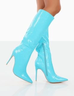 Horizon Wide Fit Blue Patent Knee High Boots -Chic Footwear Shop 771A3462