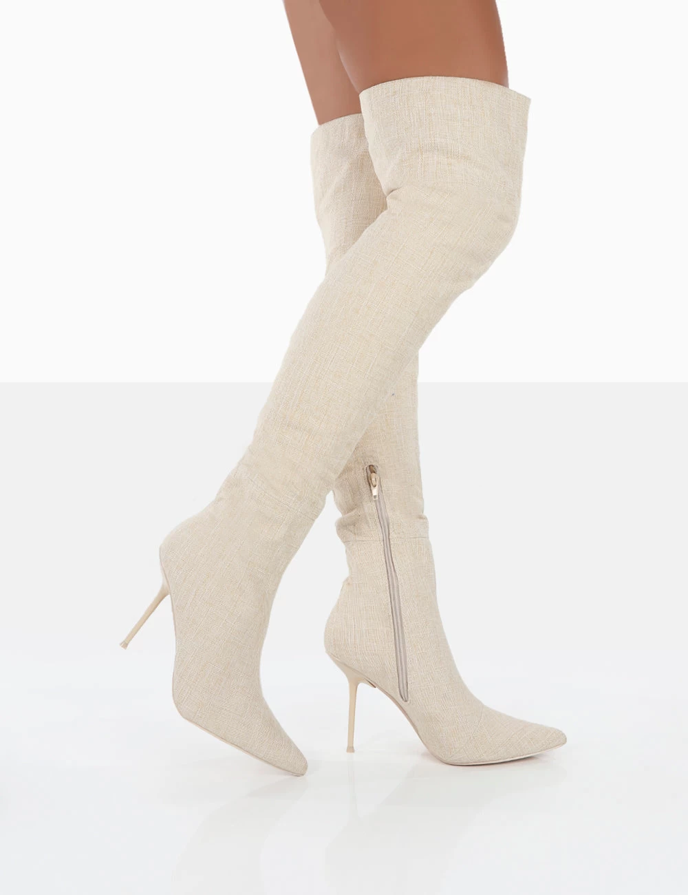 Tianna Natural Linen Pointed Toe Over The Knee Stiletto Boots 5 Tianna Natural Linen Pointed Toe Over The Knee Stiletto Boots - Image 3
