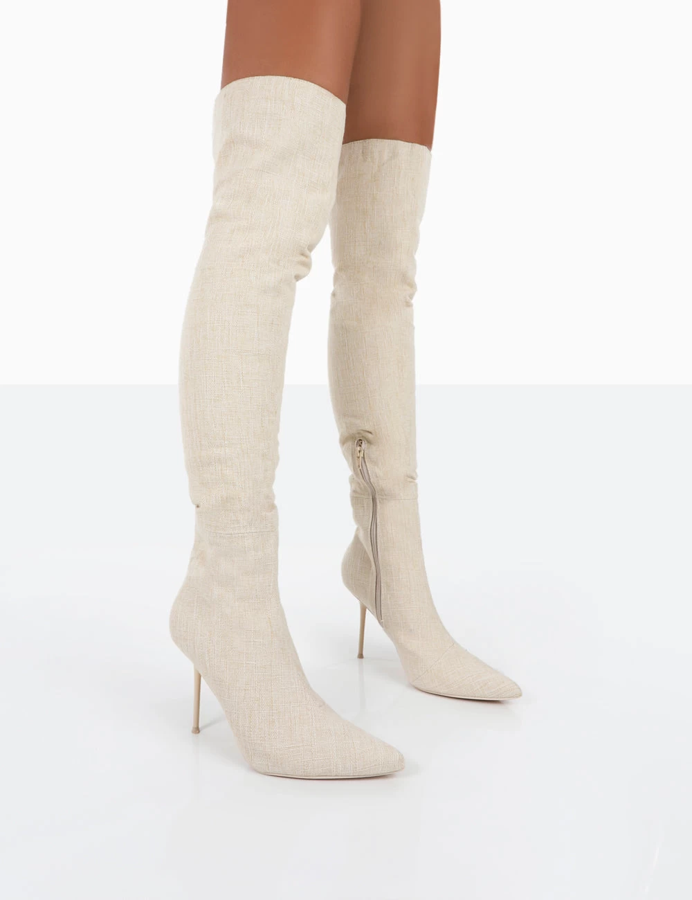 Tianna Natural Linen Pointed Toe Over The Knee Stiletto Boots 3 Tianna Natural Linen Pointed Toe Over The Knee Stiletto Boots