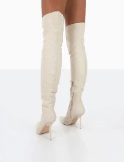 Tianna Natural Linen Pointed Toe Over The Knee Stiletto Boots 7 Tianna Natural Linen Pointed Toe Over The Knee Stiletto Boots -Chic Footwear Shop 771A3471