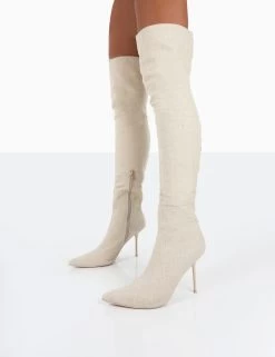 Tianna Natural Linen Pointed Toe Over The Knee Stiletto Boots 9 Tianna Natural Linen Pointed Toe Over The Knee Stiletto Boots -Chic Footwear Shop 771A3472