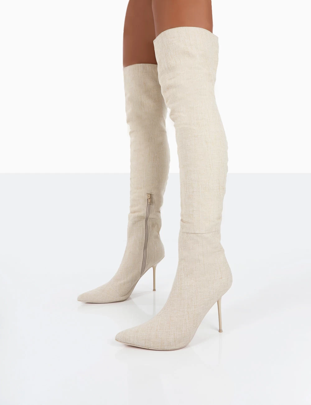 Tianna Natural Linen Pointed Toe Over The Knee Stiletto Boots 6 Tianna Natural Linen Pointed Toe Over The Knee Stiletto Boots - Image 4