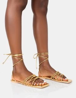 Kelly Gold Pu Lace Up Flat Square Toe Sandals