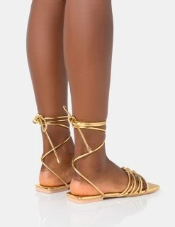 Kelly Gold Pu Lace Up Flat Square Toe Sandals -Chic Footwear Shop 771A3505 9ab336ba 0760 4506 9b8f 2616efcf2fc2