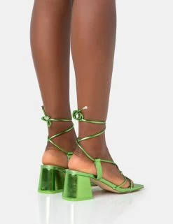Aloha Green Metallic Lace Up Block Mid Heeled Sandals -Chic Footwear Shop 771A3542
