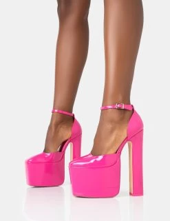 Paparazzi Hot Pink Patent Extreme Platform Rounded Closed Toe Block High Heels -Chic Footwear Shop 771A3559