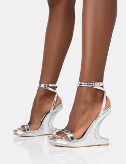 A-list Silver Mirror Barley There Wrap Around Platform Cut Out Wedge Heels -Chic Footwear Shop 771A3602