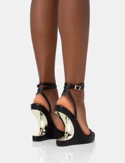 A-List Black Pu Barely There Wrap Around Platform Cut Out Wedge Heels -Chic Footwear Shop 771A3605
