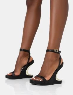 A-List Black Pu Barely There Wrap Around Platform Cut Out Wedge Heels -Chic Footwear Shop 771A3606