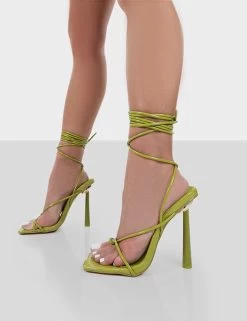 Lacey Wide Fit Green Patent Square Toe Strappy Lace Up Stiletto Heels -Chic Footwear Shop 771A38941