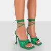 Gracie Green Pu Square Peep Toe Lace Up Stiletto Heels