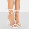 Twistin Ecru Pu Square Toe Strappy Lace Up Stiletto Heels