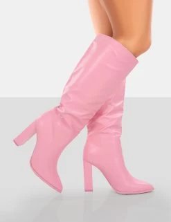 Far Away Pink Grain PU Square Toe Knee High Block Boots -Chic Footwear Shop 771A4421