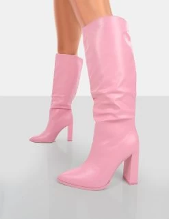Far Away Pink Grain PU Square Toe Knee High Block Boots -Chic Footwear Shop 771A4425