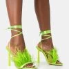 Iconic Lime Satin & Lime Feather Detail Square Toe High Heels -Chic Footwear Shop 771A4455copy