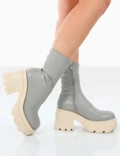 Jennie Grey Pu Platform Chunky Sole Heeled Ankle Boots -Chic Footwear Shop 771A4491