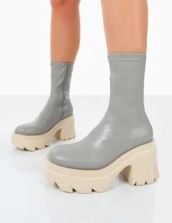 Jennie Grey Pu Platform Chunky Sole Heeled Ankle Boots -Chic Footwear Shop 771A4494