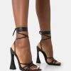 Wiley Black Pu Strappy Lace Up Square Toe Sculptural Block Heels -Chic Footwear Shop 771A4528
