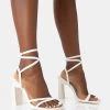 Ives White Pu Strappy Lace Up Square Toe Slim Block Heels -Chic Footwear Shop 771A4532