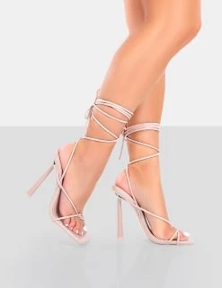 Lacey Pink Patent Square Toe Strappy Lace Up Stiletto Heels -Chic Footwear Shop 771A4539