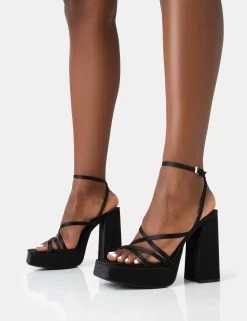 Fate Black Satin Strappy Wrap Around The Ankle Platfrom Block Heels -Chic Footwear Shop 771A4540