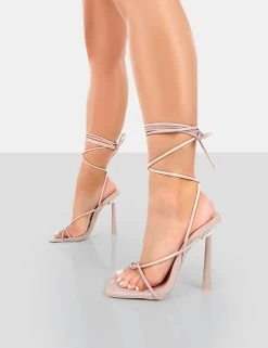 Lacey Pink Patent Square Toe Strappy Lace Up Stiletto Heels -Chic Footwear Shop 771A4543