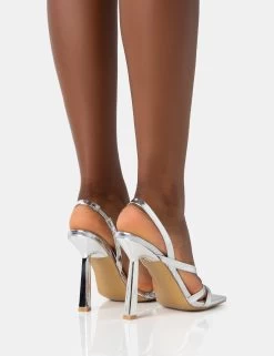 Roxie Silver Metallic Asymmetric Strap Square Toe Stiletto Heels -Chic Footwear Shop 771A4549