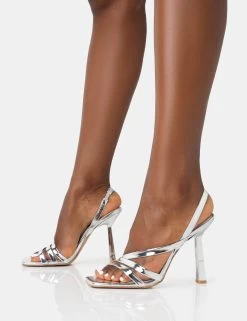 Roxie Silver Metallic Asymmetric Strap Square Toe Stiletto Heels -Chic Footwear Shop 771A4550