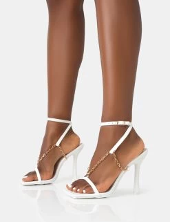 Catwalk White Pu Chain Strappy Square Toe Stiletto Heels -Chic Footwear Shop 771A4588