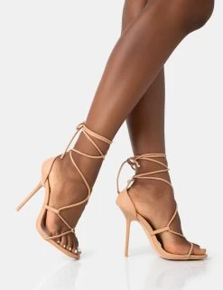 Leilani Natural Nude Pu Strappy Lace Up Square Toe Stiletto Heels -Chic Footwear Shop 771A4589