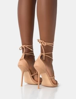 Leilani Natural Nude Pu Strappy Lace Up Square Toe Stiletto Heels -Chic Footwear Shop 771A4591