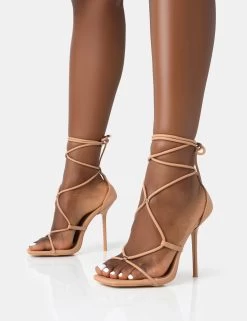 Leilani Natural Nude Pu Strappy Lace Up Square Toe Stiletto Heels -Chic Footwear Shop 771A4592