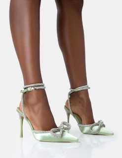Chic Footwear Shop 8 Midnight Sage Satin Wrap Around Diamante Bow Pointed Toe High Heels