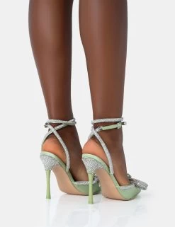 Midnight Sage Satin Wrap Around Diamante Bow Pointed Toe High Heels -Chic Footwear Shop 771A4665