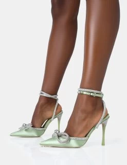 Midnight Sage Satin Wrap Around Diamante Bow Pointed Toe High Heels -Chic Footwear Shop 771A4666