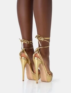 Muse Gold Metallic PU Strappy Lace Up Platform Pointed Toe Stiletto Heels -Chic Footwear Shop 771A4676